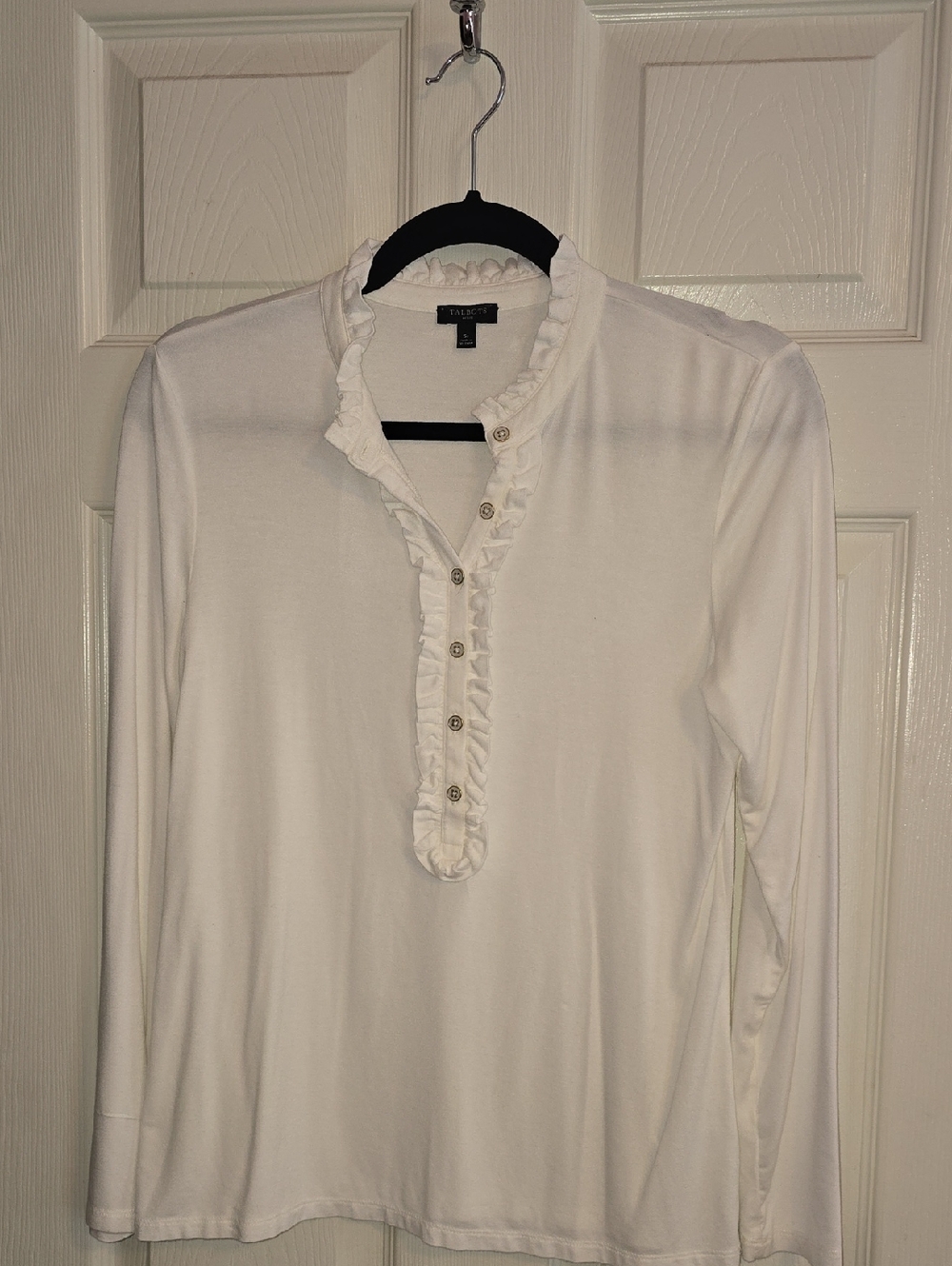 Talbots White Ruffle‎ Henley Long Sleeve Top
